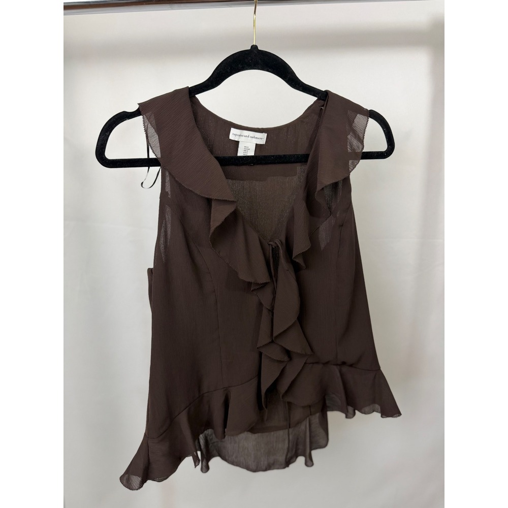 Cupcakes and Cashmere Brown Ruffle Tie Front Sleeveless Blouse Top Small